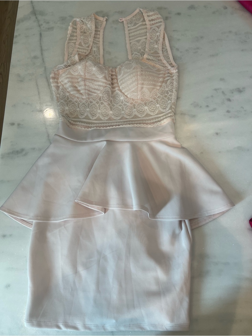 bebe Pale Pink Lace Bustier Peplum Mini Dress